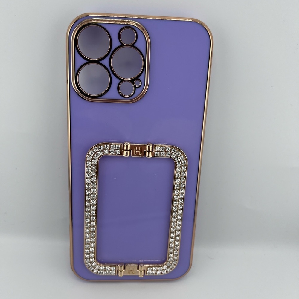 Luxury Purple & Gold Rhinestone Case with Ring Stand - iPhone 16 Pro Max